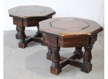 Pair Of Octagonal Baluster & Cross Trestle Low Tables/Plant Stands