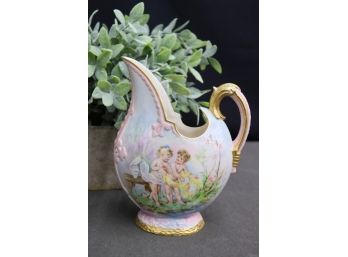 Cherubs, Pink, Blue, & Gold Porcelain Relief Raised Dots Small Amphora Pitcher