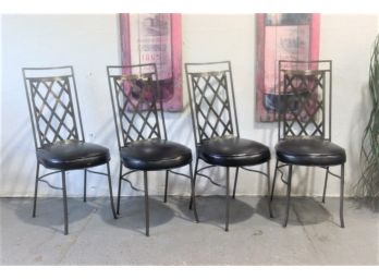 Group Of Four MCM Black Iron Frame X-Slat Back Dining Chairs