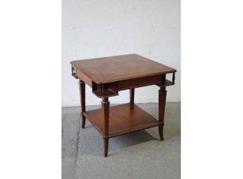 MCM Square Side Table With Bookmatched Rosewood Veneer And Marquetry Top, Open Tier Corners, Spear Legs