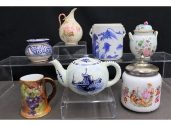 Group Lot Of Porcelain, Delft, Ironstone, Limoges Tea Pot, Tea Caddies, Canisters, Pitcher, And A Rogue Mug