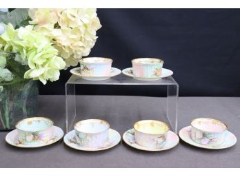 Remarkable Set Of 6 GDA Limoges Gilt Rainbow Pastel Dessert Cups & Saucers