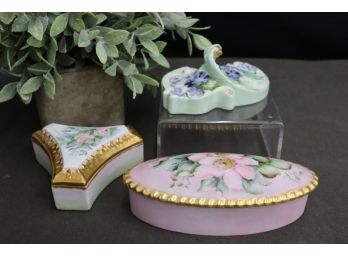 Group Lot Of Two Porcelain Lidded Boxes & Sculptural Flower Figurine By Tressemann And Vogt, France