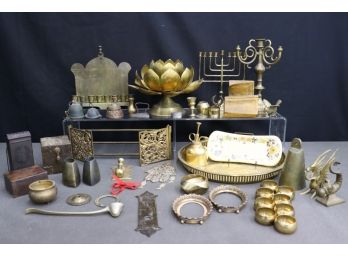 Group Lot Of Mixed Brass, Silver-Plate, And Metal Vintage Objects And Judaica