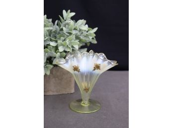 Vintage Floriform Flare Clear/white/citrine Vaseline Glass Centerpiece With Gilt Painted Roses