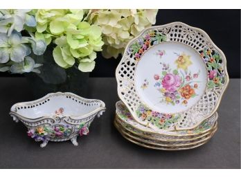 Dreamy Dresden Porcelain Lot: 5 Reticulated Plates (A.Lamm Mark)  &  Footed Bowl  (SP Mark)