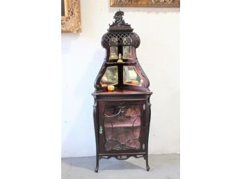 Art Nouveau Style Corner Cabinet - Four Mirrors Atop And Velvet Lined Interior Shelf Space