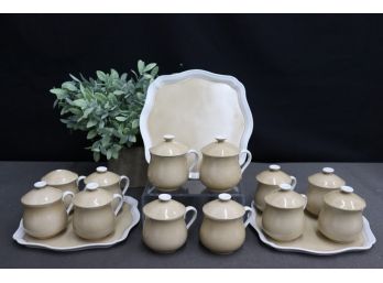 Set Of 12 MCM Ceramic Lidded Potbelly Mugs With Three Matching Serving Trays (one Lid Know Broken)