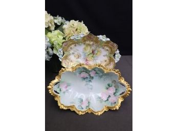 Two Vintage Porcelain Gilt Hand-Painted Double Handle Shallow Trays (M.Z. Austria And Unmarked)