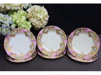 Set Of Six Pierced Porcelain Plates - Gilt Gold And Fuschia Art Nouveau Style Band