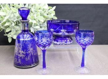 Fine Grouping Of Blue Cut To Clear Bohemian Glass Decanter, Stemmed Glasses, And Pedestal Bowl