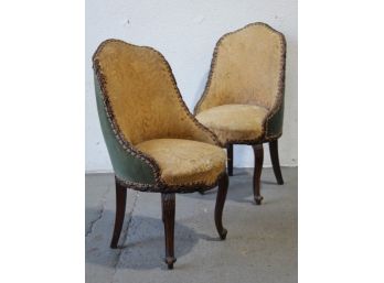 Pair Of Vintage Federal Style Gondola Spoon Back Side Chair, Branch And Scroll Mahogany Carved Frame