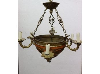 Vintage Neo-Gothic Brass & Enamel Hemisphere Swan Arm Chandelier