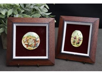 Vintage Pair Of Framed Hand-Painted Ceramic Tiles Featuring Hunt Scenes