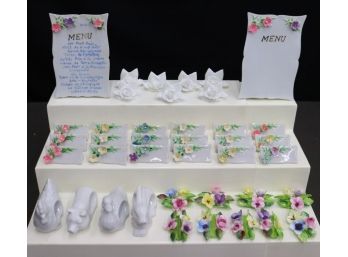 Super Dinner Party Table Ceramic Decoration Lot: Name Holders, Napkin Rings, Flowers & Roses, Menu Boards