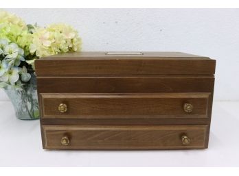 Vintage Walnut Silverware Chest, Lined In Red Felt Lining And Decorative Brass Fittings