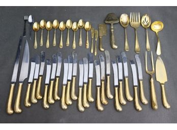 Grouping Of Oxford Hall Japan Gold-tone Stainless Flatware & Serving Utensils (incomplete)