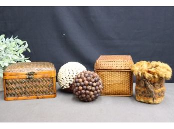 Group Lot Of Wicker Boxes And Fiber/Botanical Elements Decorative Items