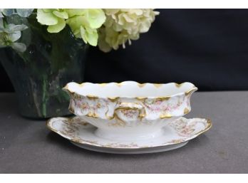 Theodore Haviland Limoges Porcelain Sauce Boat In Gilt Gold With Pink & Yellow Flower Garland