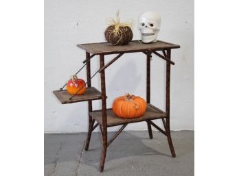 Vintage Burnished Bamboo And Rattan Wicker Two Tier Accent Table, One Fold Down Side Shelf