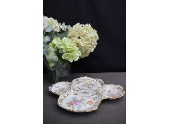 Floral & Gilt Dresden Porcelain Divided Four Section Server With Center Span Handle