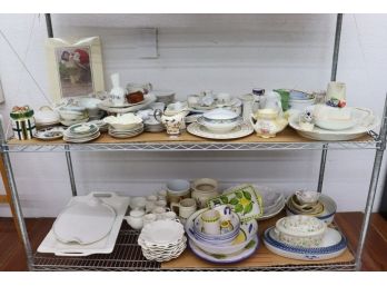 Two Shelf Lot Of Mixed Type And Maker Ceramic Serveware And Plateware