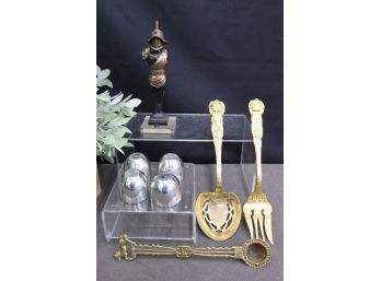 Grouping Of Silver-Plate Serving Fork & Spoon,  Steiff Pewter Cups, Brass Snuffer, Gladiator Figurine