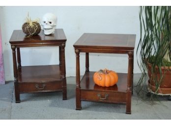 Two Veneer Decorated Mahogany End Tables On Fluted Pillar Legs