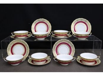 Vintage Gold & Garnet On Cream Czechoslovakian Bohemia Porcelain Soup/broth Bowls With Saucers