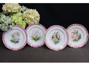 Four Vintage Pink Band Porcelain Plates, Each Plate Has Distinct Hand Painted Flower Bunch