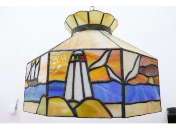 Tiffany-style Seashore Scenic Stained Leaded Glass Hanging Lamp