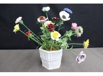 Lovely Faux Flowers In Faux-Boo Pot (artificial Poppies, Runculus, Roses, Etc)