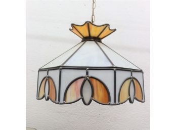 Tiffany-style  White Leaded Glass And Peach Marble Slag Glass Hanging Lamp