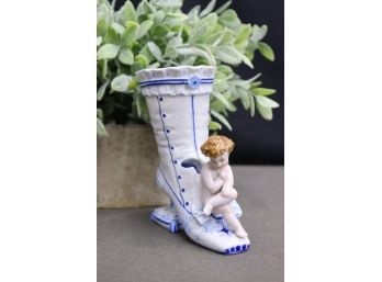 Darling Porcelain Cherub On Victorian Boot Figural Vase