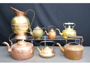 Group Lot Of Vintage Brass And Copper Tea Pots And Vessels