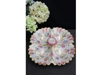 KPM/Royal Berlin Porcelain Rose & Gold Four Dish Fluted Server With Bloom Handle (Hairline Crack)