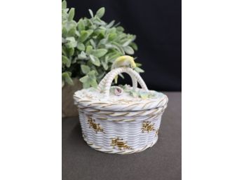 Superb Porcelain Weave Basket With Delightful Bird And Flowers On Double Handled Lid