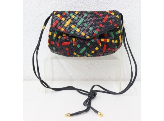 Vintage Mannelli Basket Weave Leather Multicolor Crossbody Saddle Bag Purse