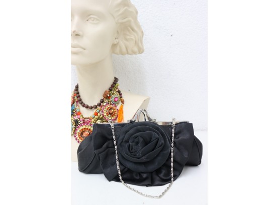 Black & Chrome High Heels Clasp Rose Flower Evening Bag