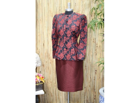 Flower Print Mandarin Style Jacket & Pencil Skirt Suit Set, Red/Dark Blue  - Size 8