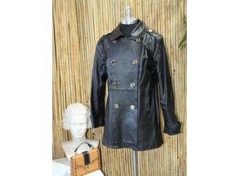 Iman Genuine Leather Black Double Breasted Coat-New ( Never Used )