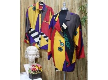 Two Vintage Helene Sidel Multi-colorful Nautical Silk Blouses
