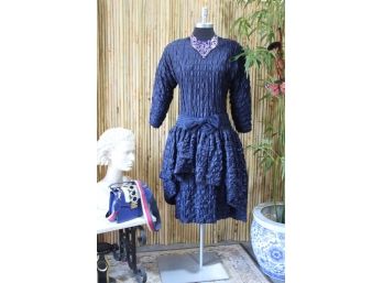 Royal Blue Ruffle/Black Stripe Dropped Waist Bow Dress W/mini Bustle