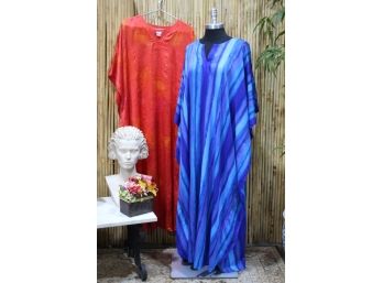 Two V-notch Full Length Kaftans - One On Red/Orange And One MultiBlue