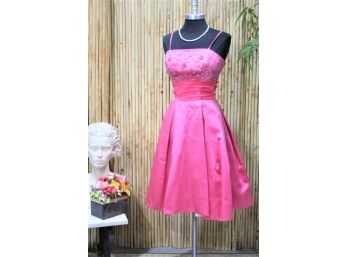 Pink Fuschia Embroidered Bodice Spaghetti Strap Calf Length Dress