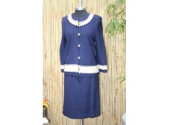 Vintage Adolfo For Saks Fifth Avenue Blue/Ivory Brocade Skirt/jacket  Suit Set