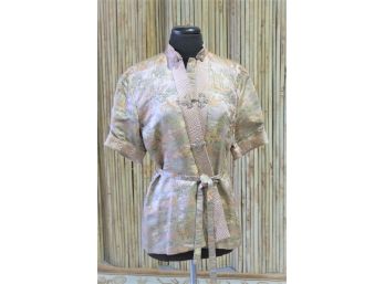 Belted Shawl Collar Short Kimono Style Jacket - Pale Mauve Ground With Peach And Daffodil Hues