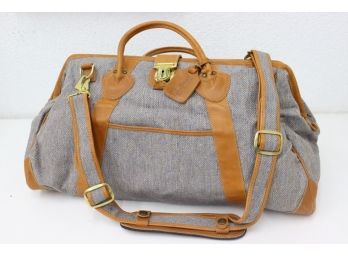 Vintage LL Bean's Blue Tweed & Leather Overnight Duffle With Brass Hardware.