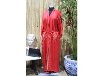 Chinese Red Silk Robe With Extensive Dragon Embroidery & Cream Hue Lining
