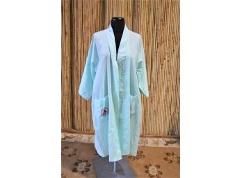 Celadon Near Sheer Unbelted Kimono Robe With Red Character Momograms